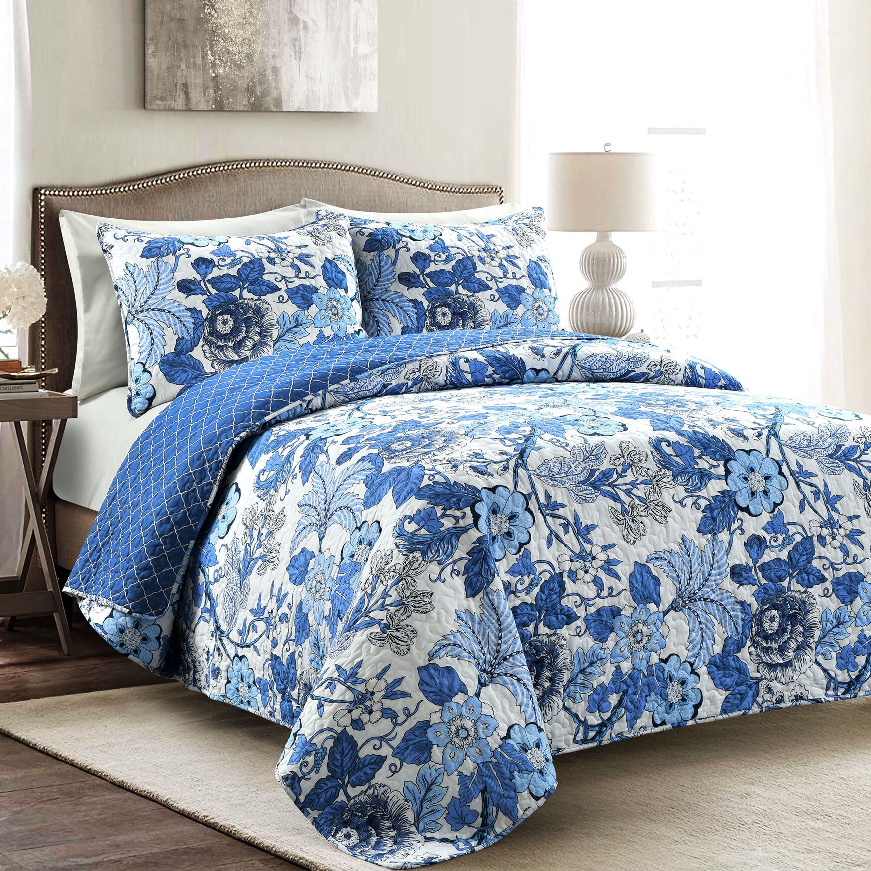 Lush Dcor Sydney Quilt Black/Blue 3Pc Set by Lush Dcor in Navy White (Size KING)