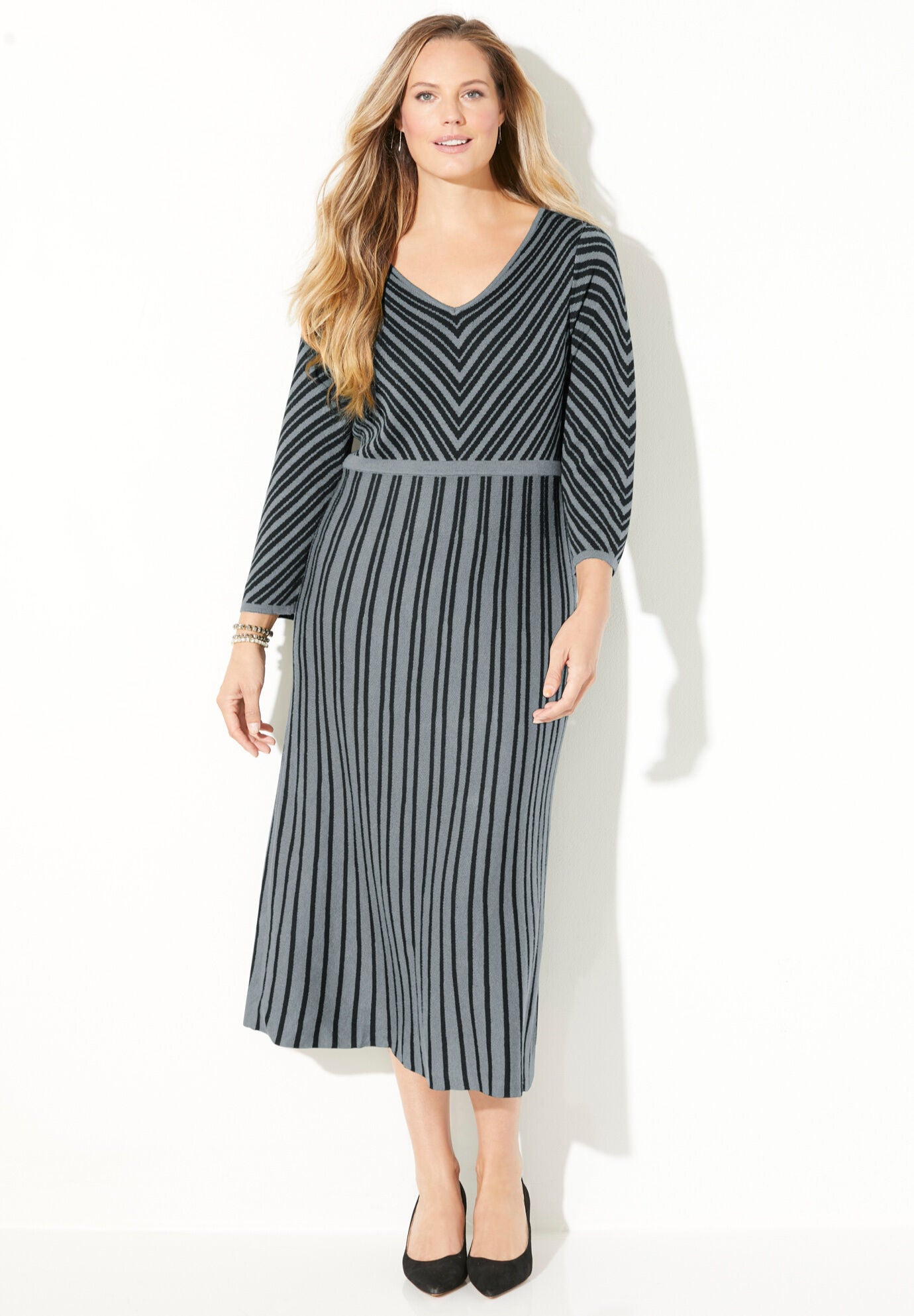 Fit N&rsquo; Flare Sweater Dress, GUNMETAL STRIPES, hi-res image number 0