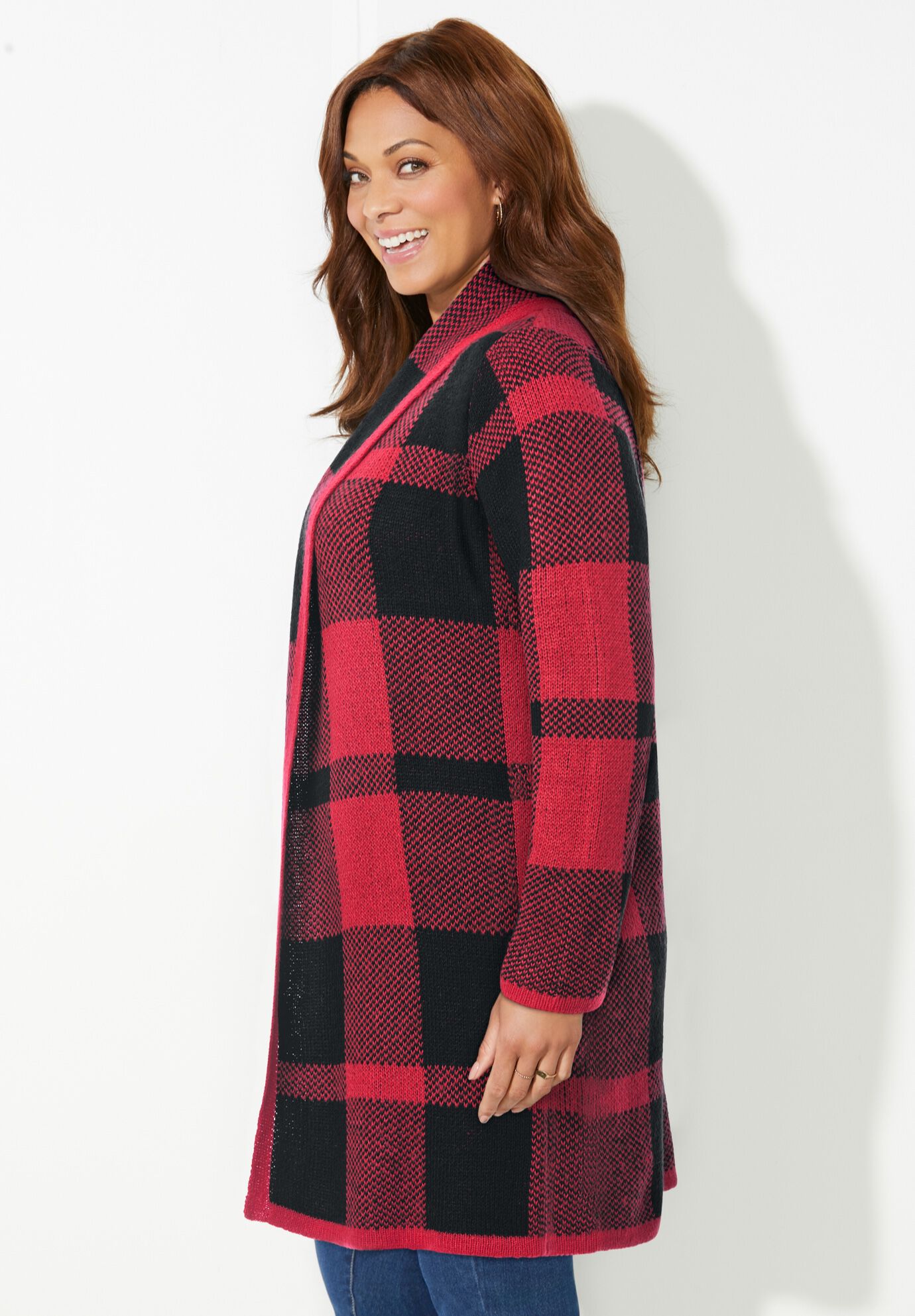 Country Village Sweater Cardigan, RED BLACK BUFFALO PLAID, alternate image number 3