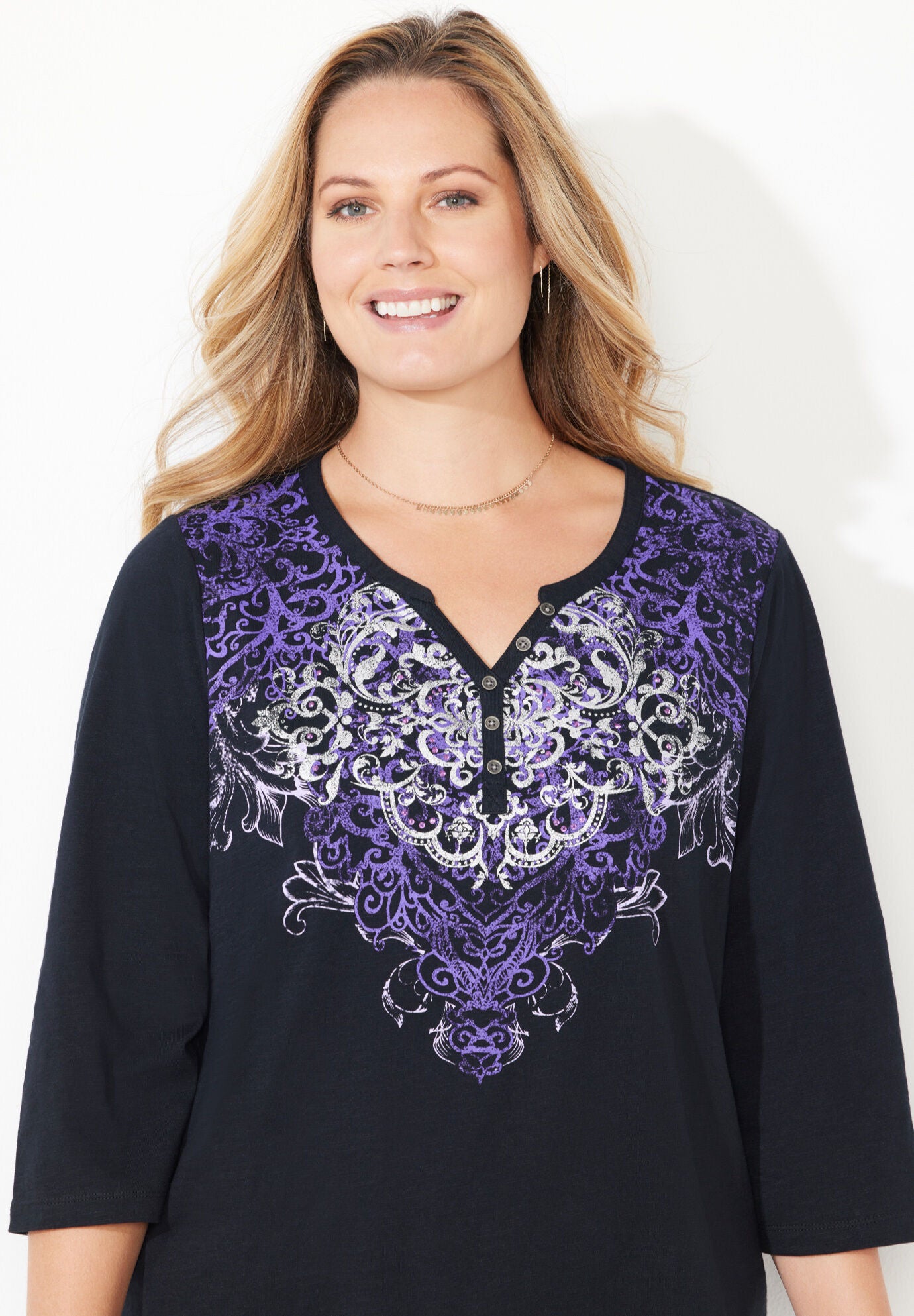 Free Spirit Henley Tee, BLACK, hi-res image number 0