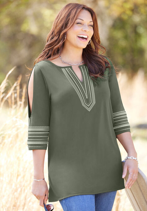 Embroidered Split Sleeve Tunic, OLIVE GREEN EMBROIDERY, hi-res image number null