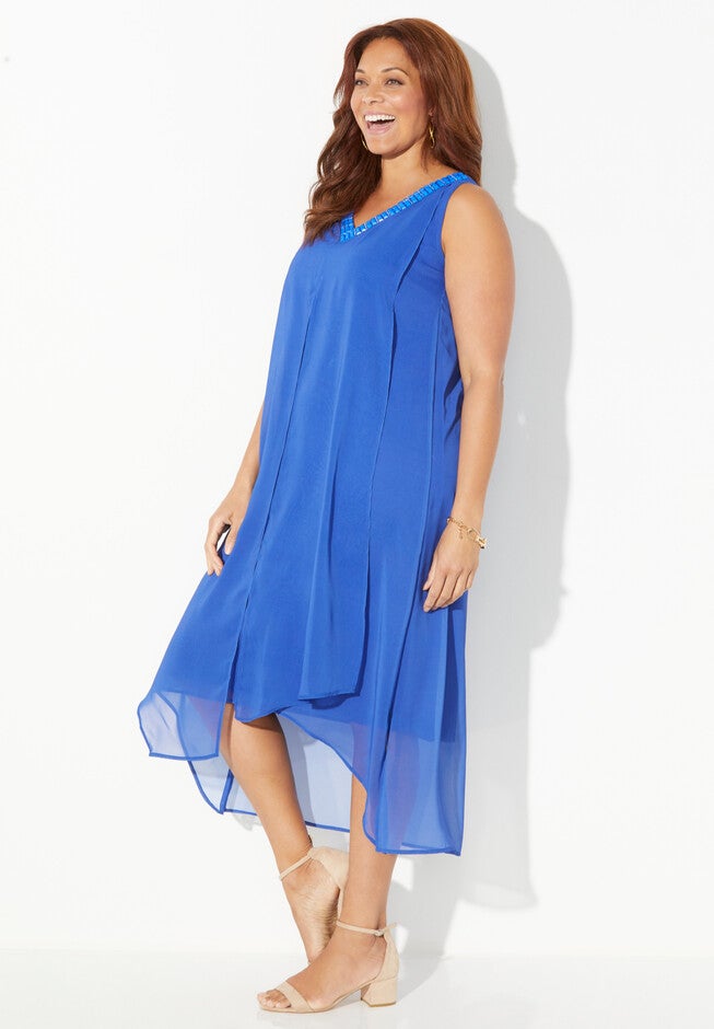 Beaded V-Neck Chiffon Dress, , alternate image number 2