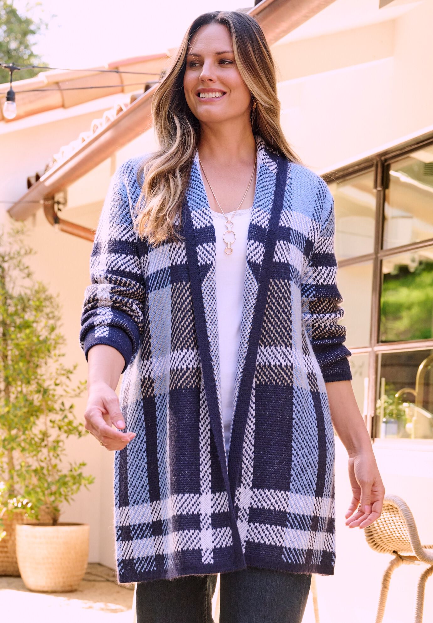 Country Village Sweater Cardigan, NAVY PLAID, alternate image number 2