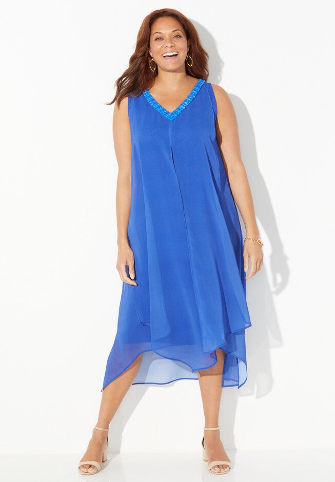 Beaded V-Neck Chiffon Dress, DARK SAPPHIRE, hi-res image number 0