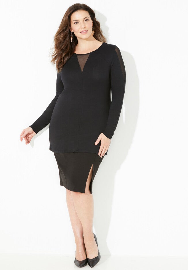 Curvy Collection Mesh Inset Top, BLACK, hi-res image number null