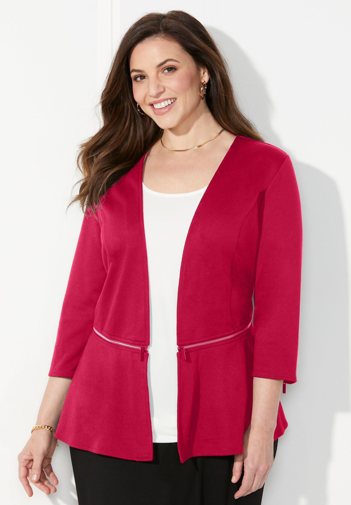 Curvy Collection Ponte Knit Peplum Blazer, CLASSIC RED, hi-res image number 0