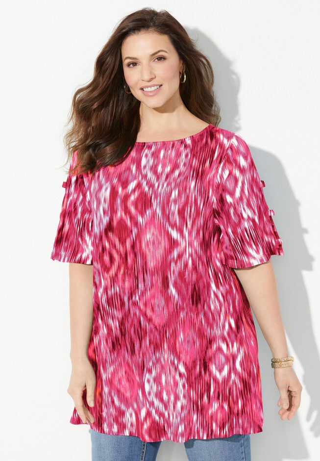Ladder Sleeve Boatneck Top, PINK BURST IKAT MEDALLION, hi-res image number null