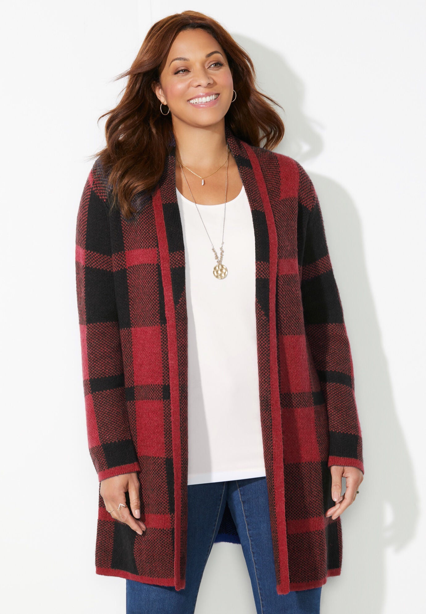 Country Village Sweater Cardigan, RED BLACK BUFFALO PLAID, on-hover image number 1