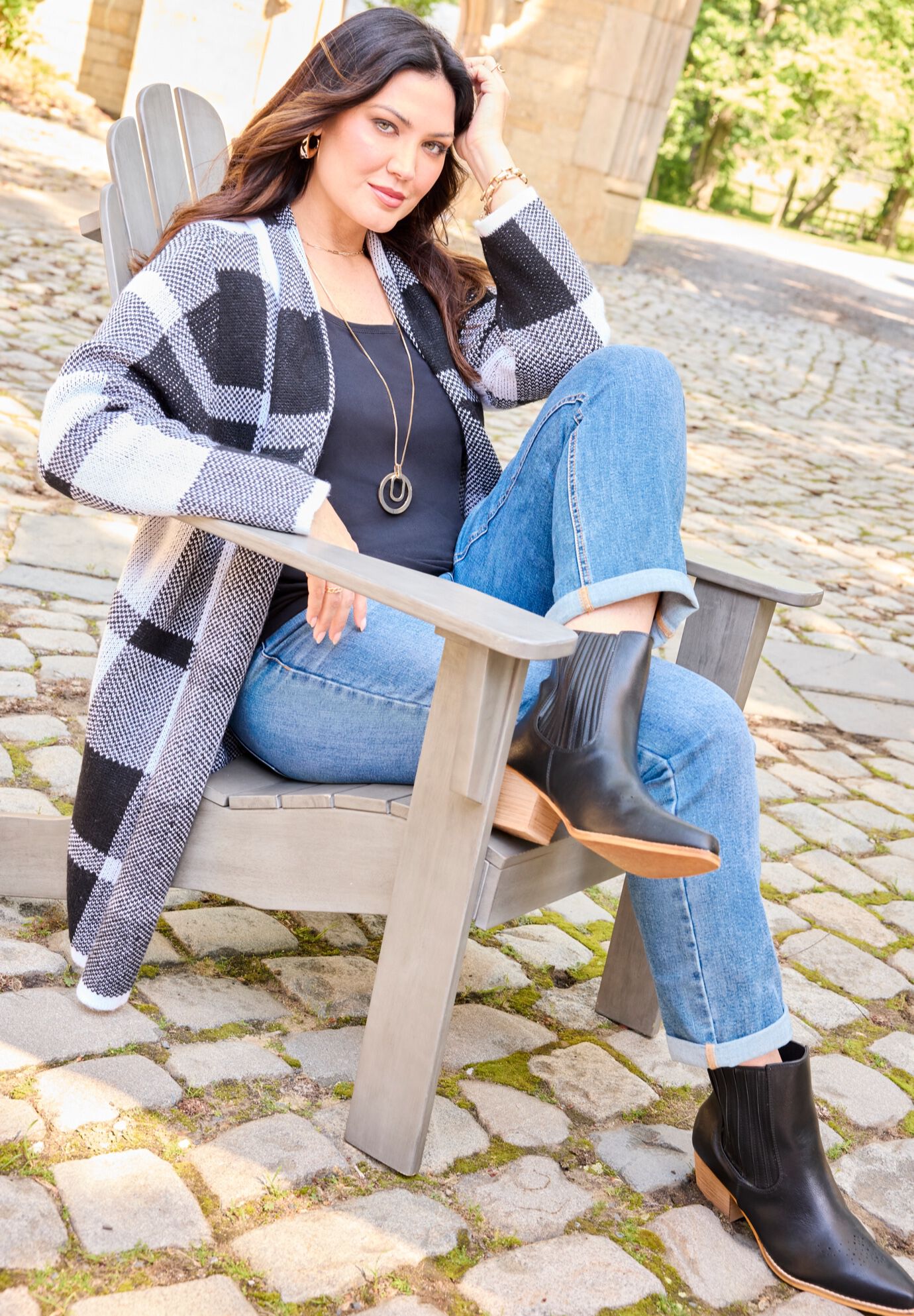 Country Village Sweater Cardigan, BLACK WHITE BUFFALO PLAID, alternate image number 2