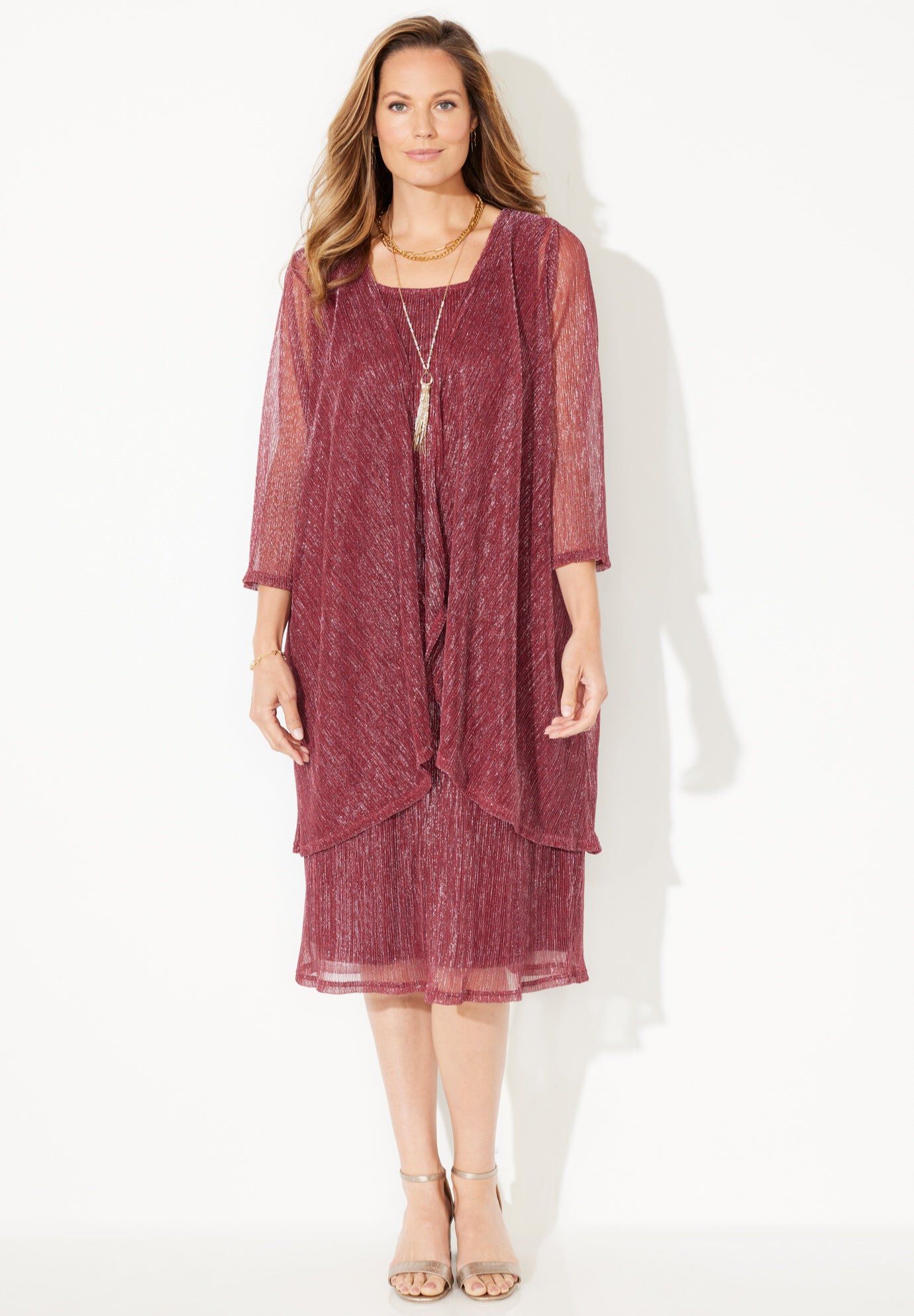 Shimmer Crinkle Duet Dress, RICH BURGUNDY, hi-res image number 0