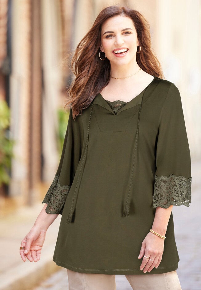 Bell Sleeve Lace Top, OLIVE GREEN, hi-res image number 0