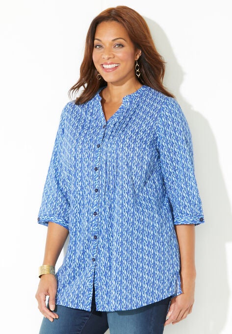 Pintuck Buttonfront Blouse, FRENCH BLUE DIAMOND GEO, hi-res image number null