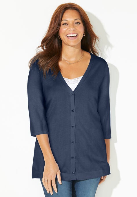 Fine Gauge Buttonfront Sweater, NAVY, hi-res image number null