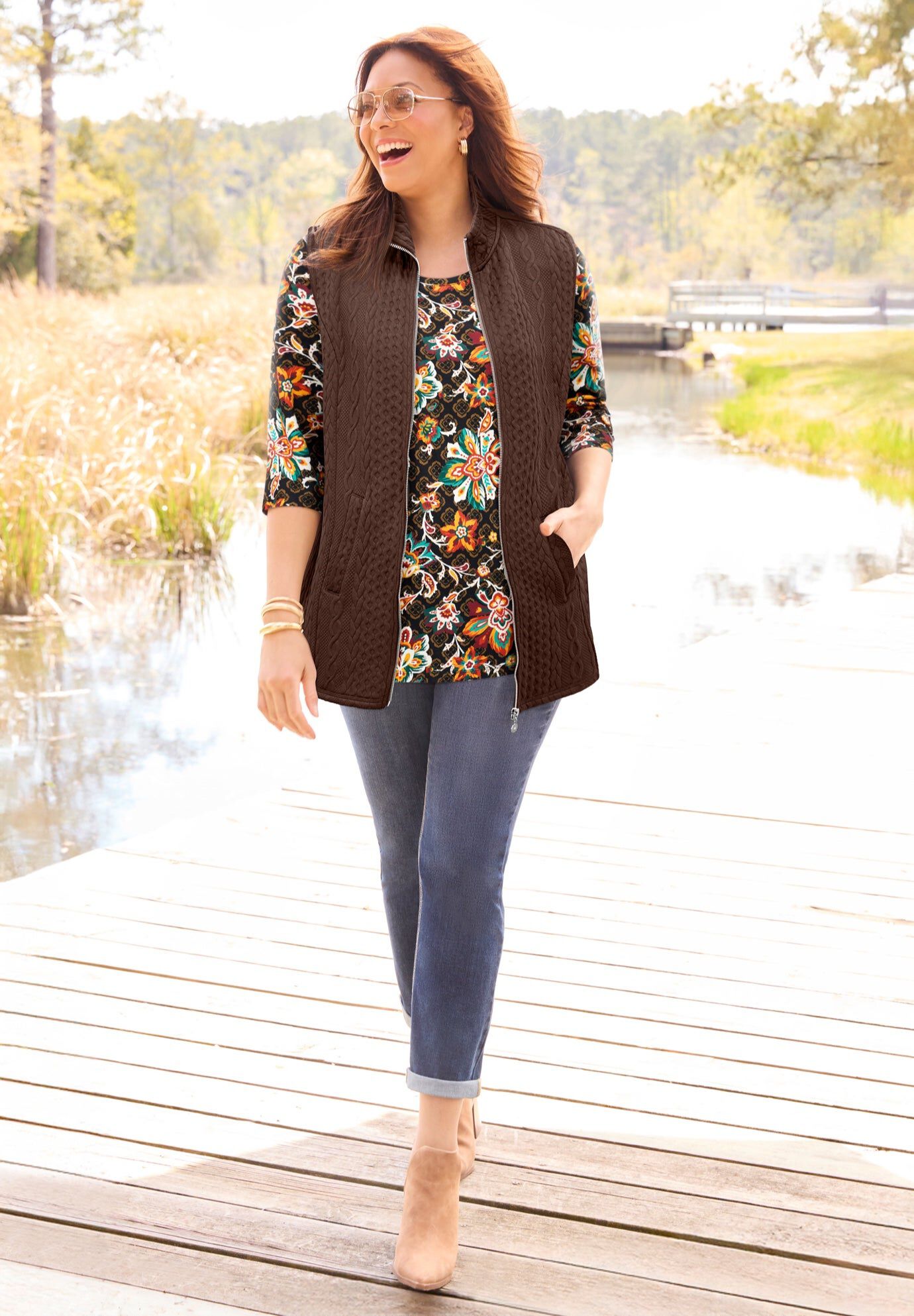 Zip-Front Cable Vest, COFFEE BEAN, hi-res image number 0