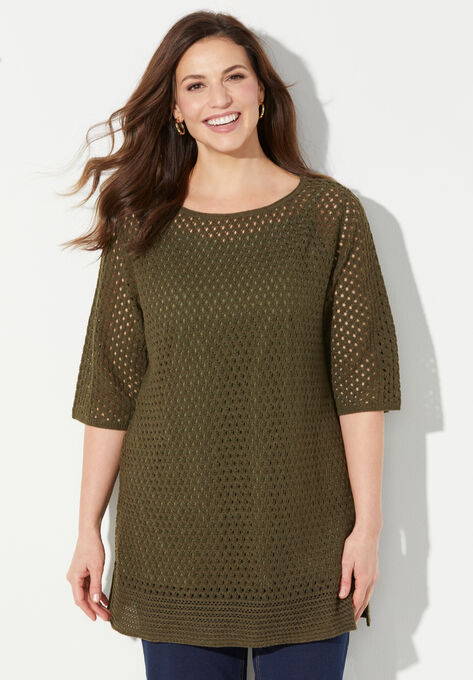 Open Stitch Pullover Sweater, SAFARI GREEN, hi-res image number null