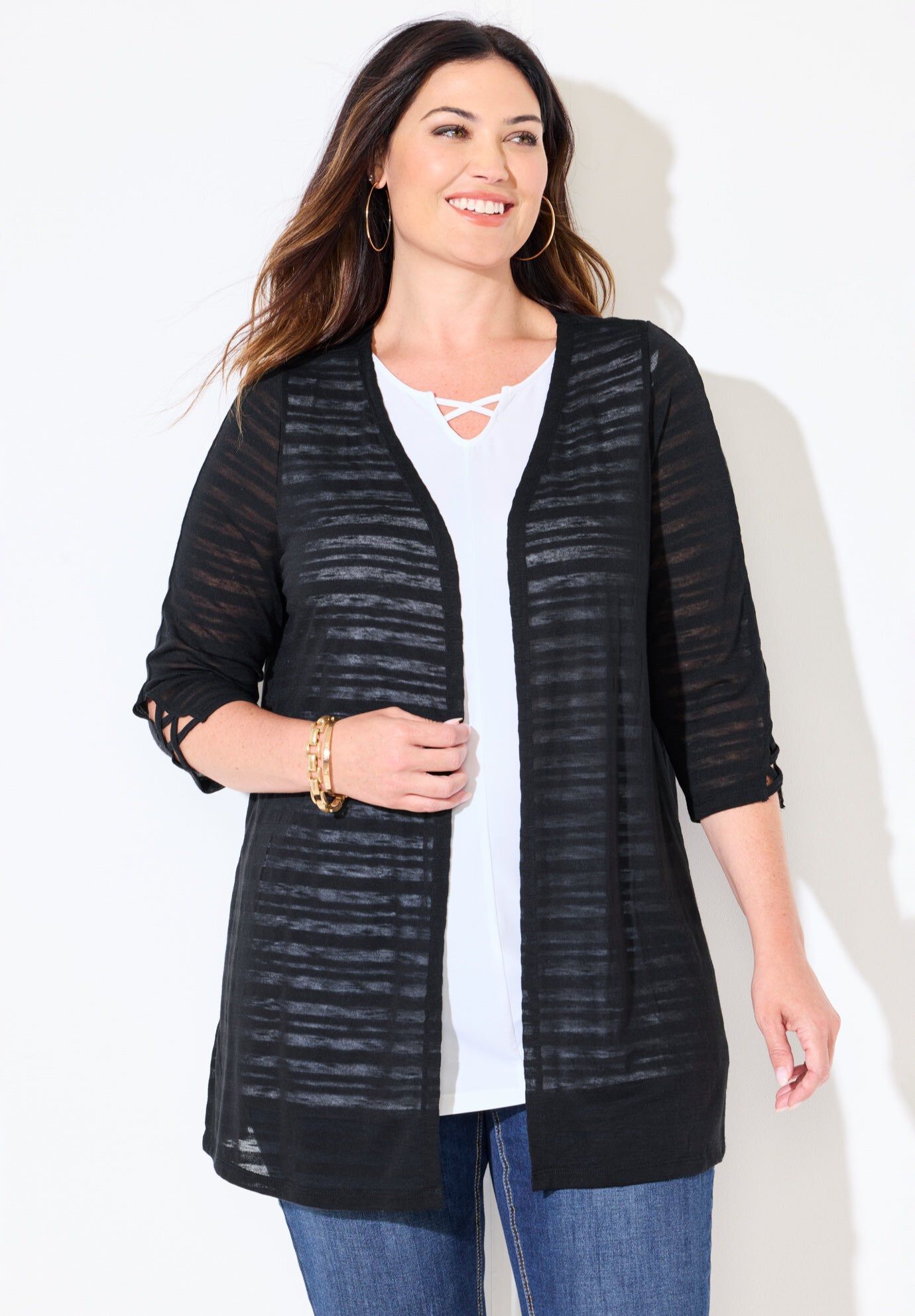 Shadow Stripe Cardigan, BLACK, hi-res image number 0