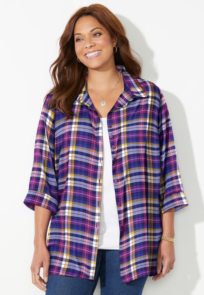 Buttonfront Plaid Tunic, DARK SAPPHIRE PLAID, hi-res image number null