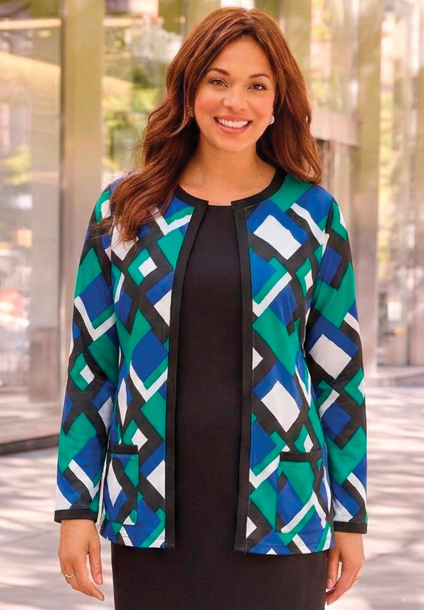 Ponte Jewel Neck Blazer, GREEN BLUE GEO, hi-res image number 0