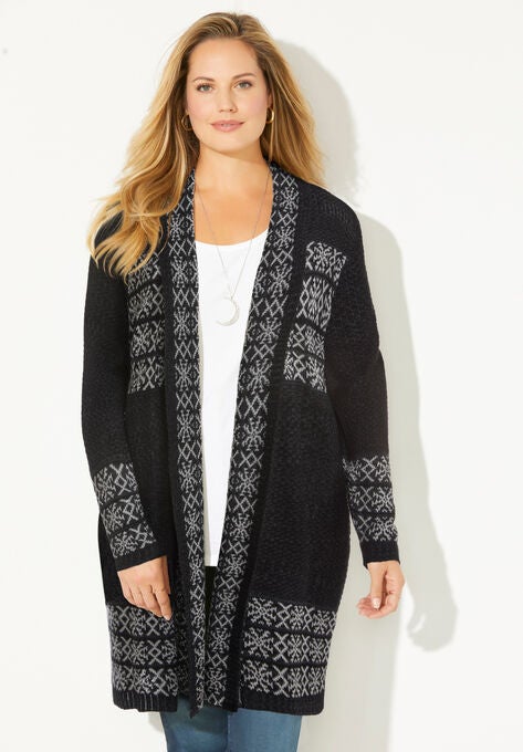 Fair Isle Shawl Collar Cardigan, BLACK WHITE, hi-res image number null
