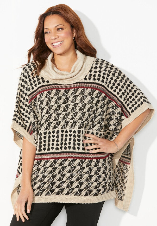 Cowlneck Poncho Sweater, STONE COMBO, hi-res image number null