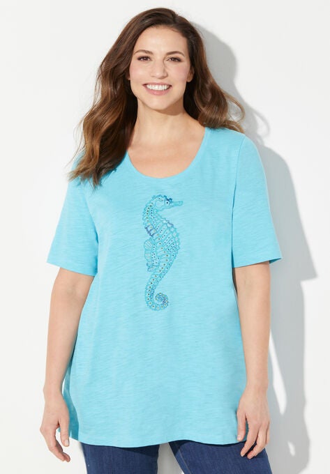 Slub Knit Graphic Scoopneck Tee, AQUA BLUE SEAHORSE, hi-res image number null
