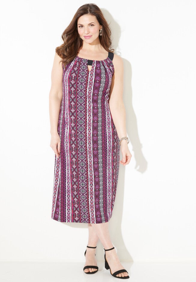 Pleat Front Halter Dress, BERRY PINK STRIPE GEO, hi-res image number null