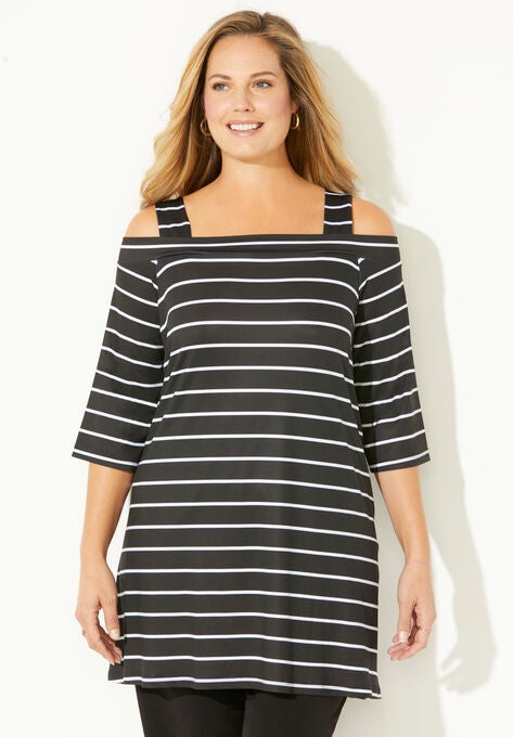 Asymmetry Open-Shoulder Tunic, BLACK WHITE STRIPE, hi-res image number null