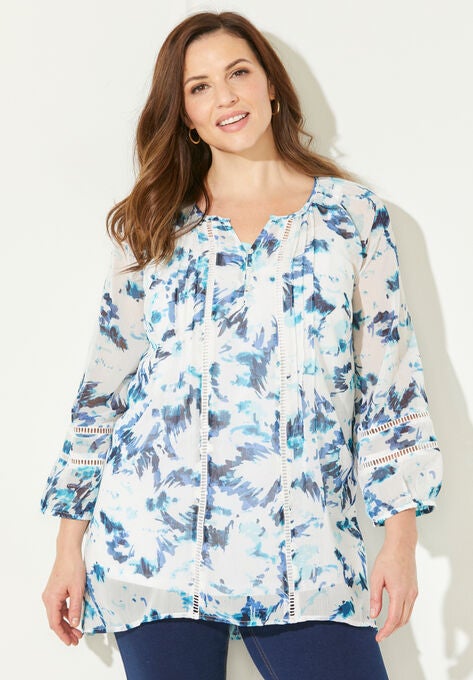 Floral Pintuck Peasant Top, LIGHT AQUA ABSTRACT FLORAL, hi-res image number null