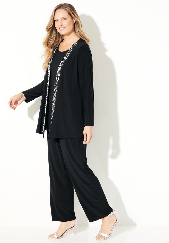 Beaded Trim 3-Piece Jacket Pant Set, , alternate image number null