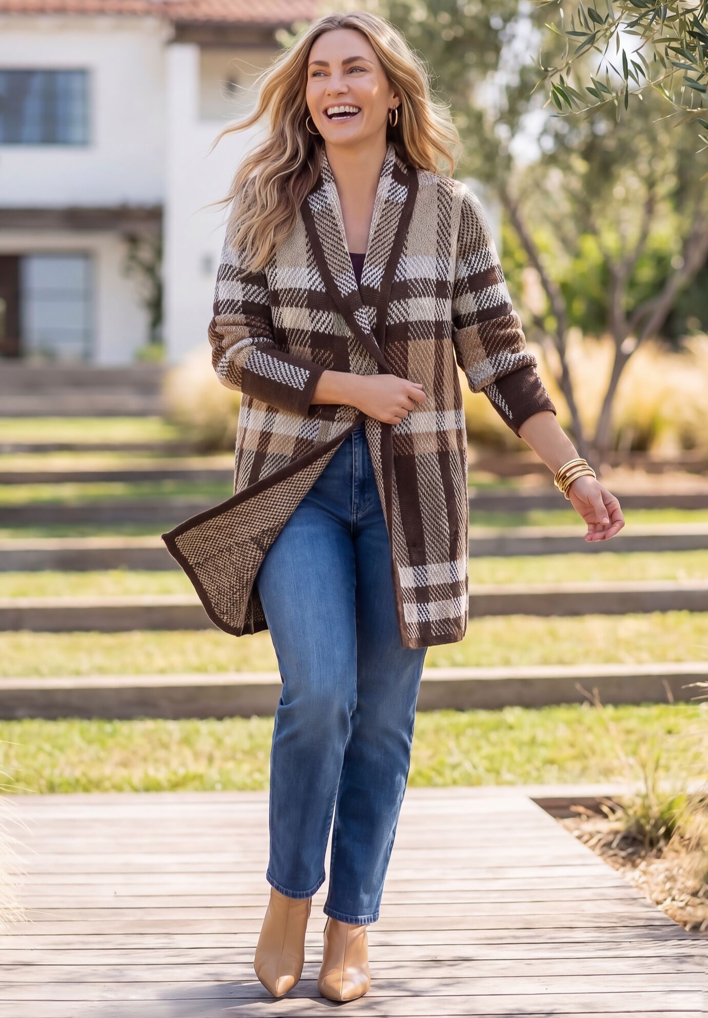 Country Village Sweater Cardigan, COFFEE BEAN PLAID, on-hover image number 1
