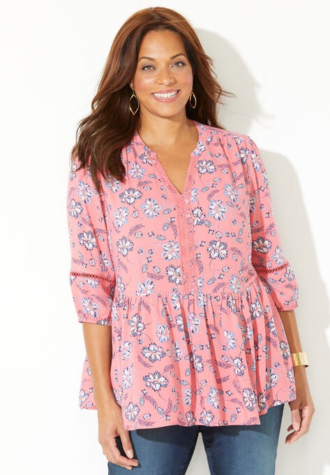 Crinkle Gauze Peplum Blouse, SWEET CORAL FLORAL, hi-res image number null