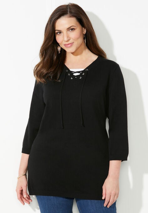 Fine Gauge Lace-Up Sweater, BLACK, hi-res image number null