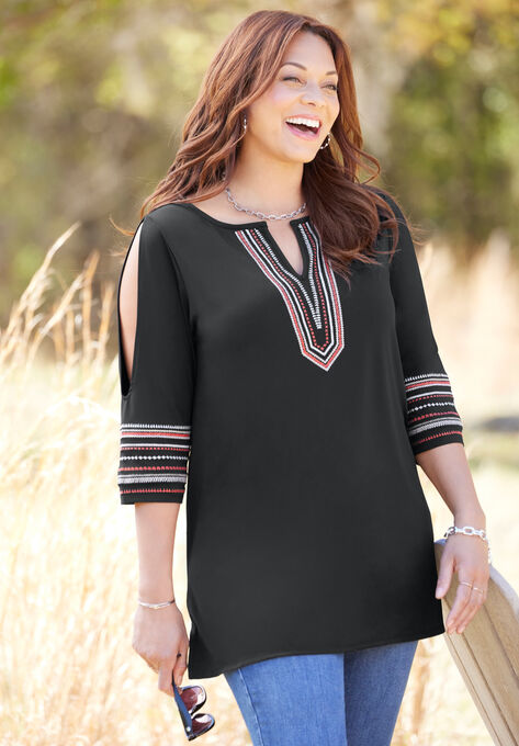 Embroidered Split Sleeve Tunic, BLACK EMBROIDERY, hi-res image number null