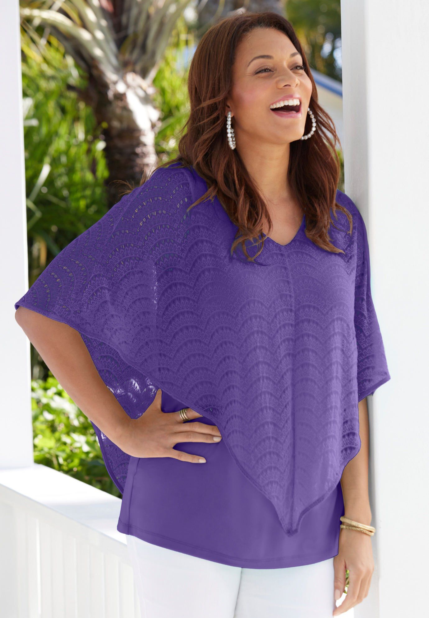 Crochet Poncho Duet Top, AQUA BLUE, hi-res image number 0