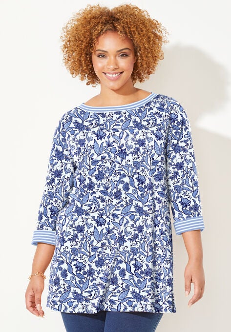 Liz&Me™ Boatneck Top, IVORY FLORAL STRIPE, hi-res image number null