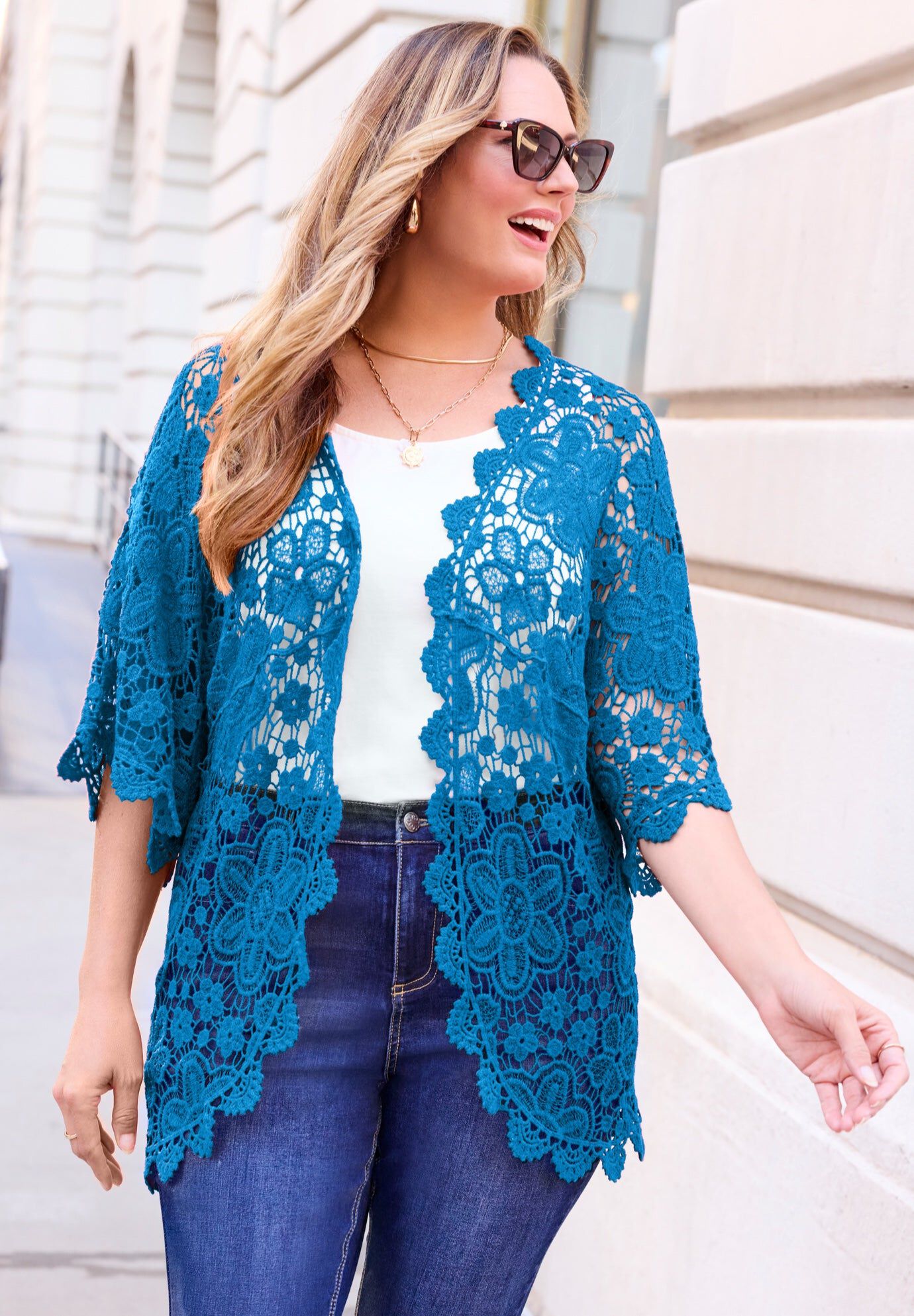 Graceful Crochet Kimono, VIBRANT BLUE, hi-res image number 0