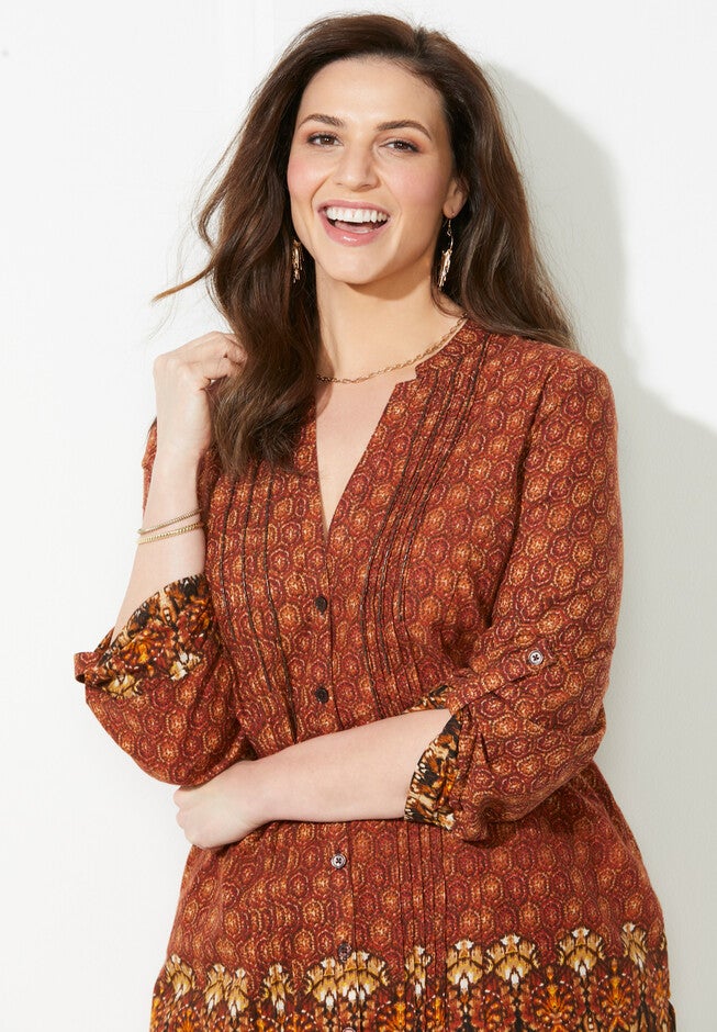 Mandarin Collar Pintuck Shirt, , alternate image number null