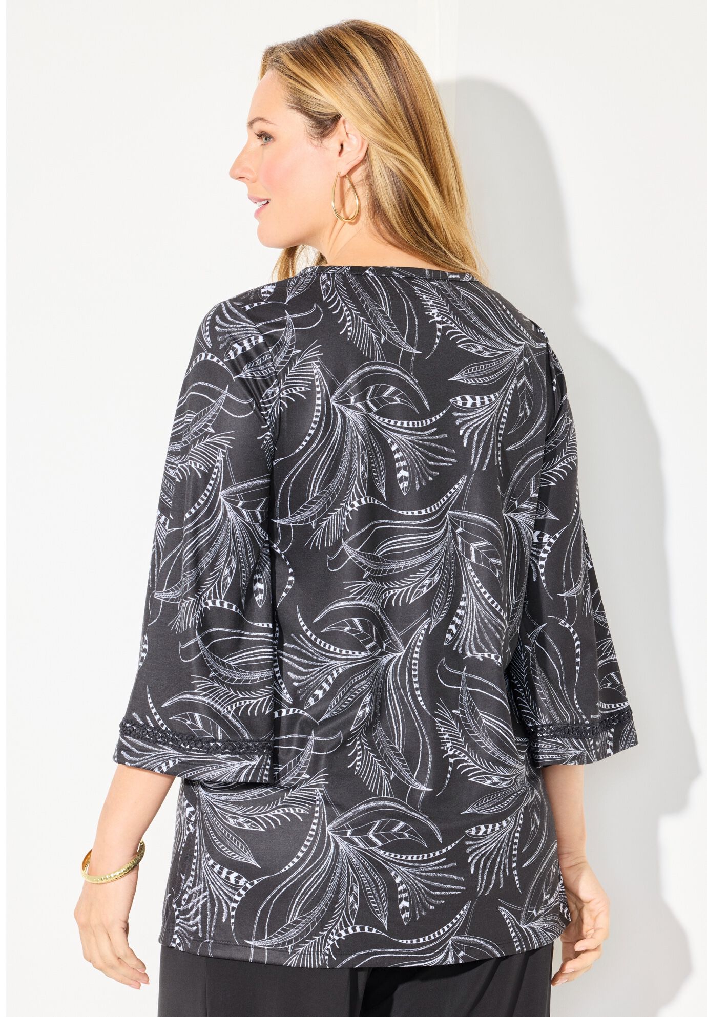 Crochet Detail Bell Sleeve Top, BLACK SKETCHED FEATHER, on-hover image number 1