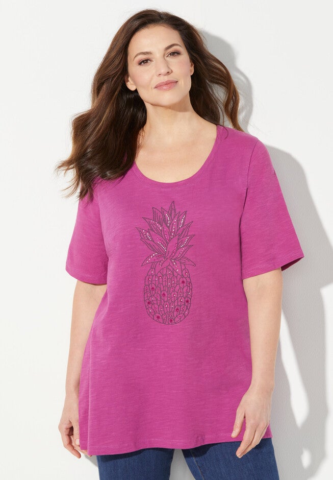 Slub Knit Graphic Scoopneck Tee, BERRY PINK PINEAPPLE, hi-res image number null
