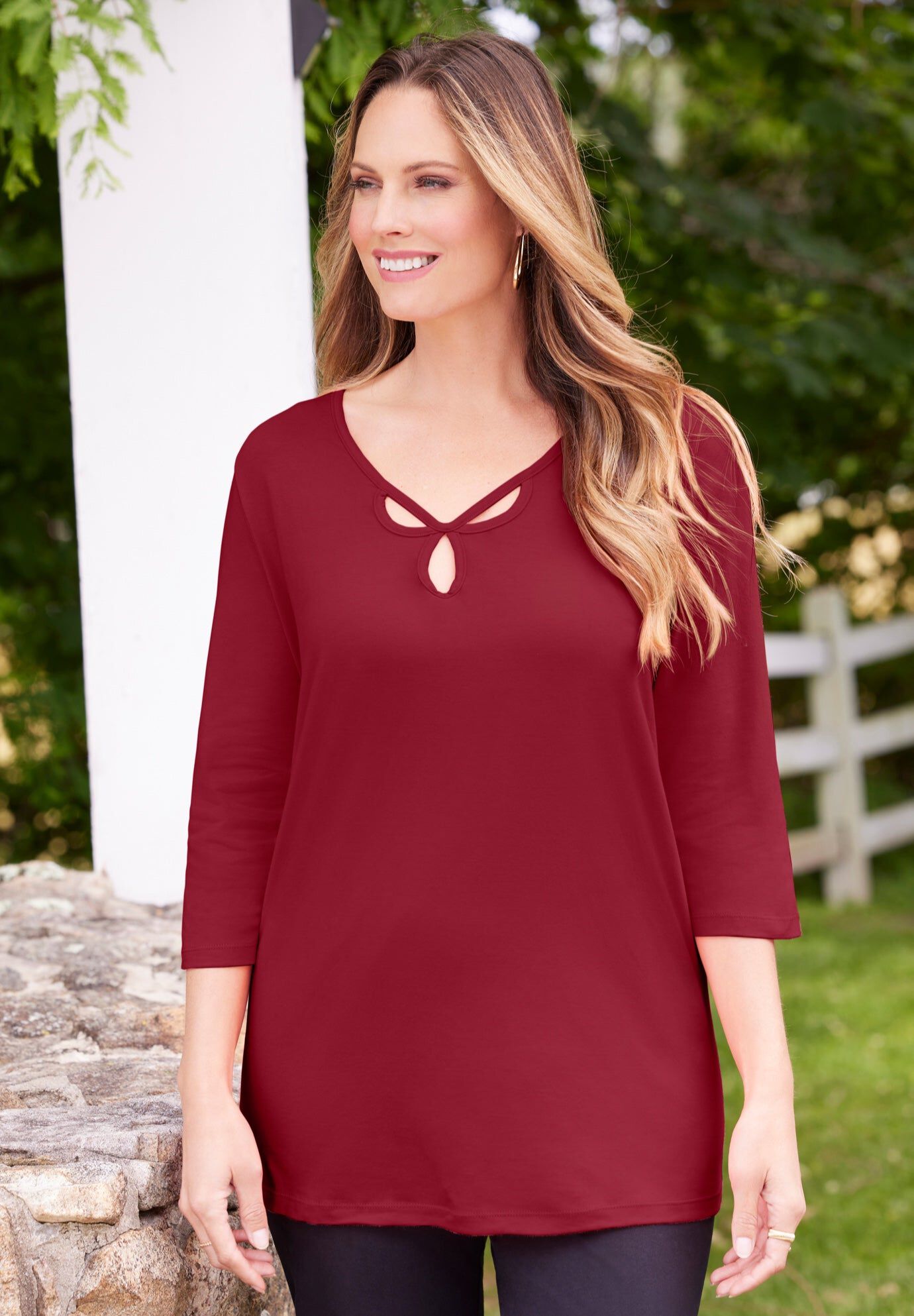 Suprema® Triple Keyhole Tee, RICH BURGUNDY, hi-res image number 0