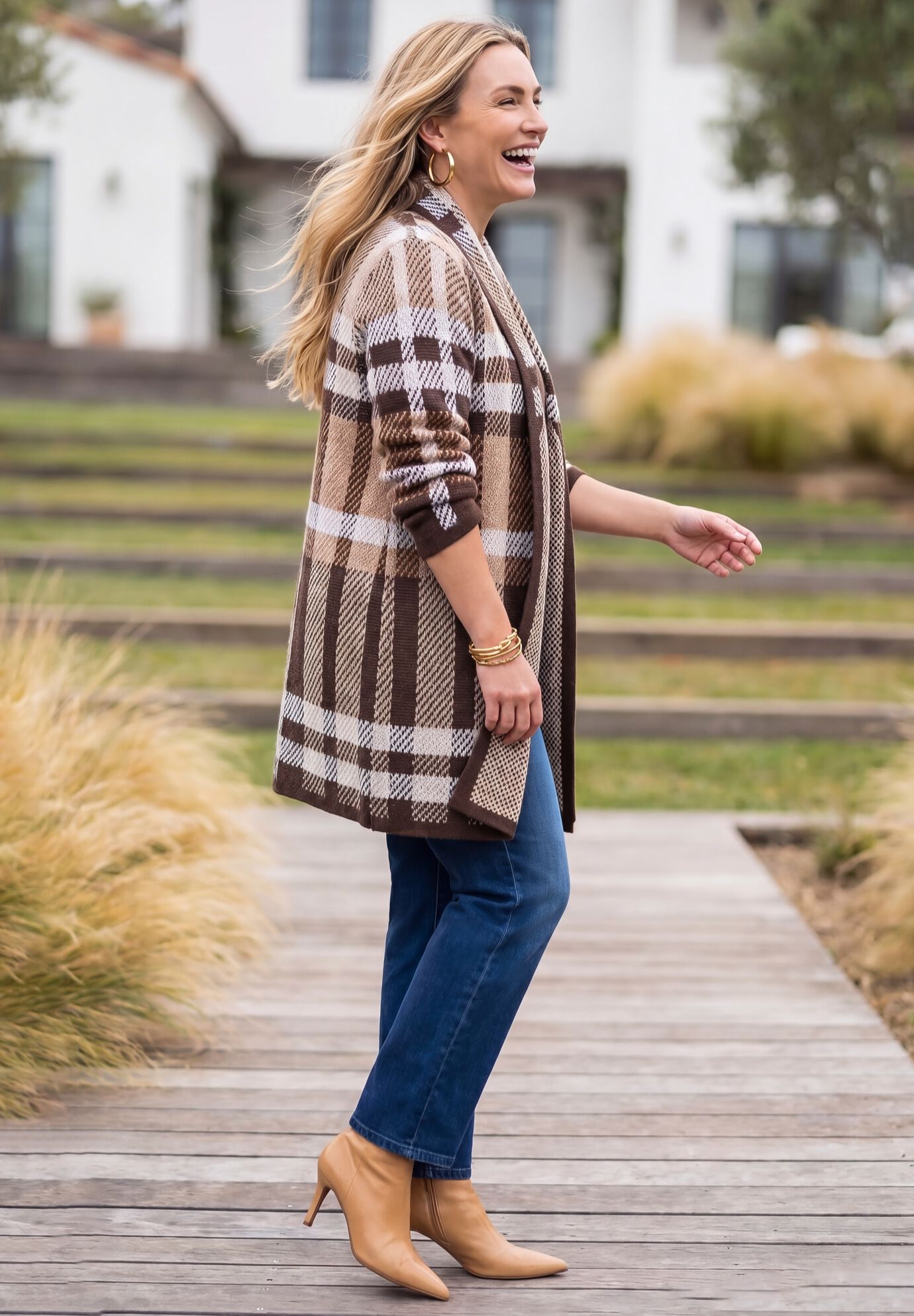 Country Village Sweater Cardigan, COFFEE BEAN PLAID, alternate image number 3