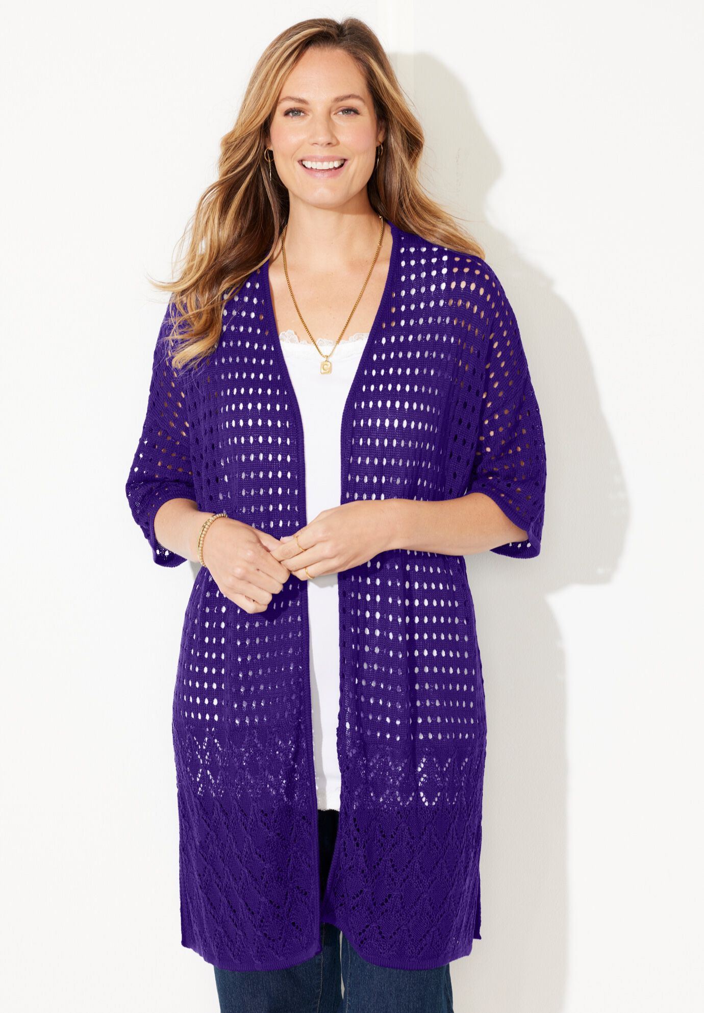 Open Crochet Short Sleeve Cardigan, DEEP GRAPE, on-hover image number 1