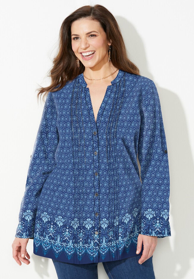 Mandarin Collar Pintuck Shirt, NAVY PAISLEY BORDER, hi-res image number null