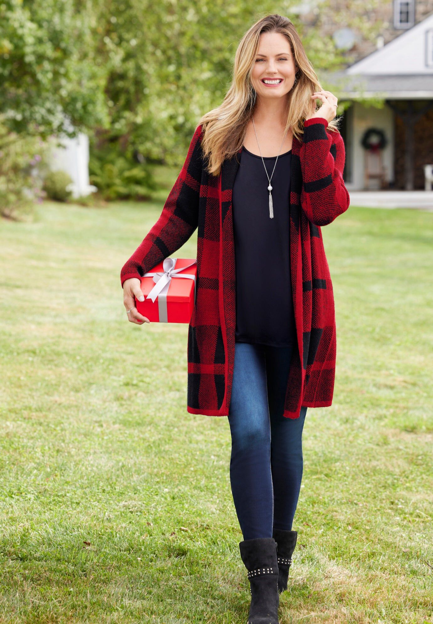 Country Village Sweater Cardigan, RED BLACK BUFFALO PLAID, hi-res image number 0