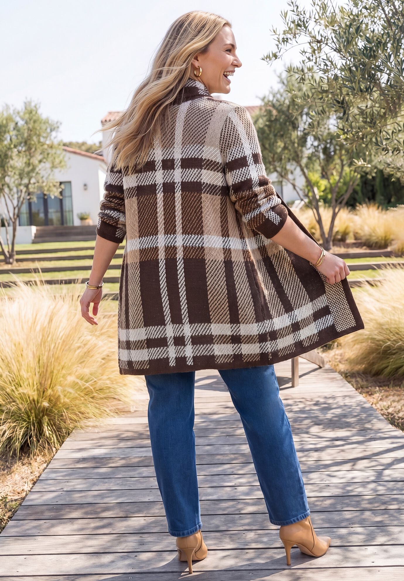 Country Village Sweater Cardigan, COFFEE BEAN PLAID, alternate image number 2