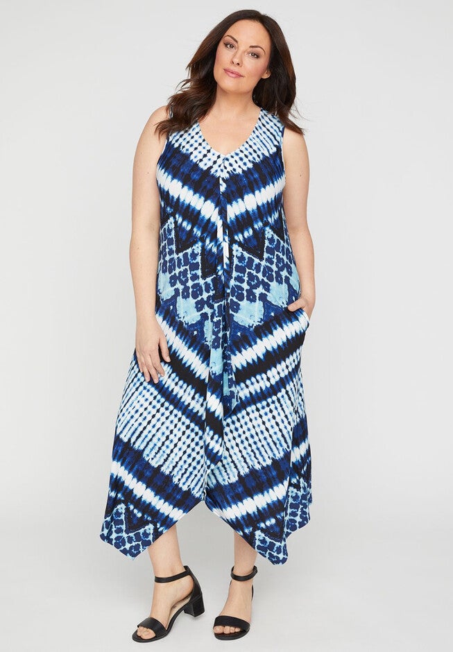Watercolor A-line Dress (With Pockets), NAVY WHITE TIE DYE, hi-res image number null