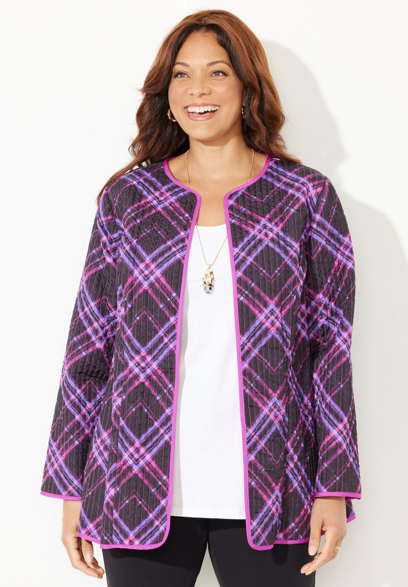 Reversible Quilted Jacket, BERRY PINK PLAID, on-hover image number 1