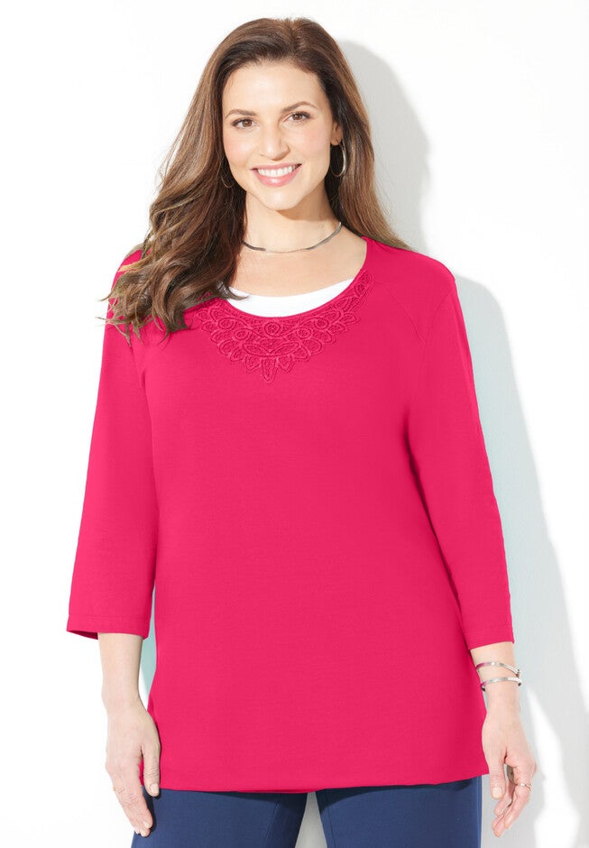 Easy Fit Crochet Trim Tee, PINK BURST, hi-res image number null