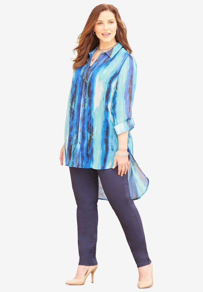 High-Low Buttonfront Shirt, WATERFALL WASHED STRIPES, hi-res image number null