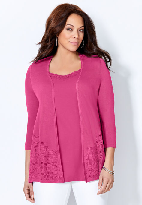Embroidered Lace Cardigan, TANGO PINK, hi-res image number null